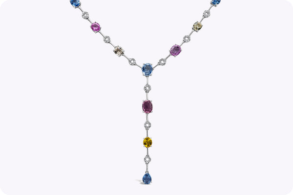 25.27 Carats Total Multi Color Sapphire and Diamond Necklace in White Gold