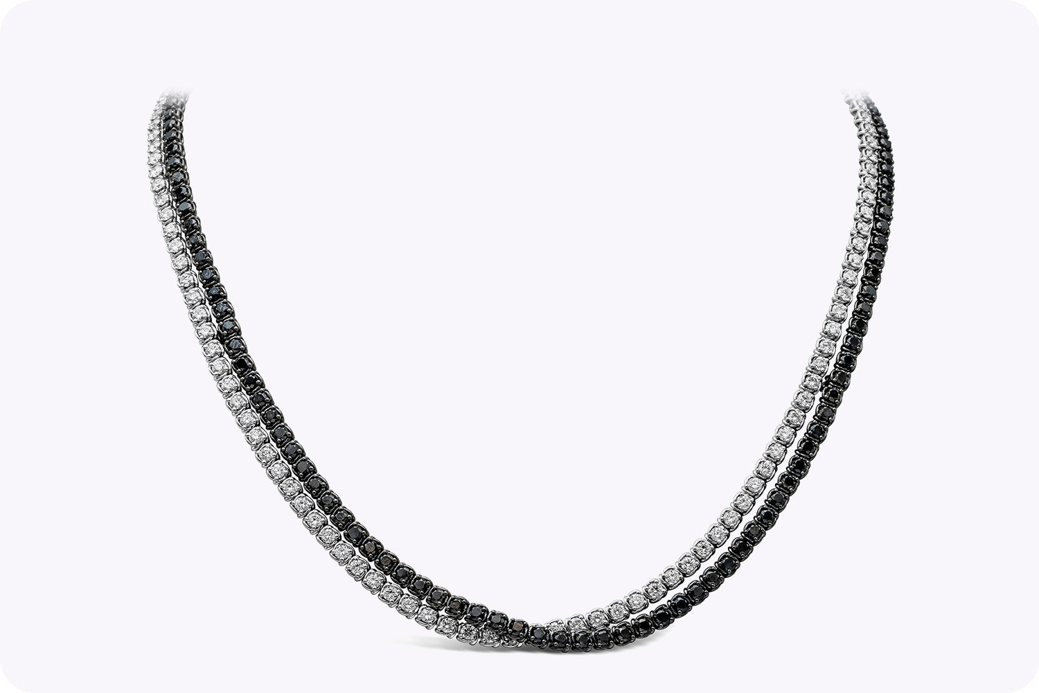 14.46 Carats Total Round Brilliant Cut Black & White Diamond Crossover Tennis Necklace in White Gold