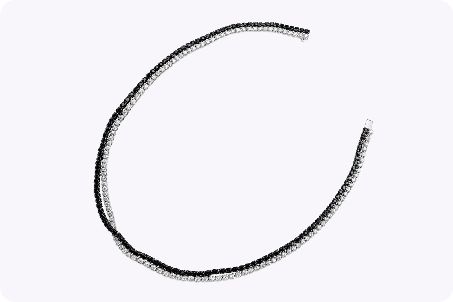 14.46 Carats Total Round Brilliant Cut Black & White Diamond Crossover Tennis Necklace in White Gold