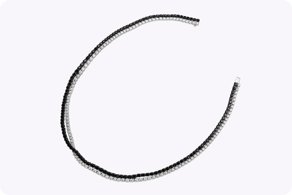 14.46 Carats Total Round Brilliant Cut Black & White Diamond Crossover Tennis Necklace in White Gold