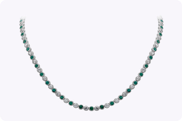 11.82 Carats Total Round Cut Emerald & Diamond Tennis Necklace in White Gold