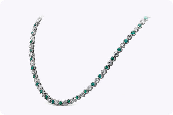 11.82 Carats Total Round Cut Emerald & Diamond Tennis Necklace in White Gold