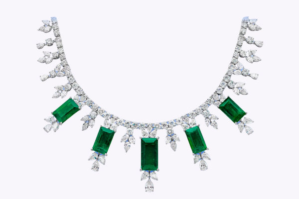 48.68 Carats Total Colombian Emerald Drop Necklace with Mixed Cut Diamonds in White Gold