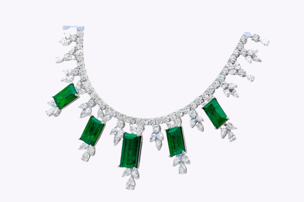 48.68 Carats Total Colombian Emerald Drop Necklace with Mixed Cut Diamonds in White Gold