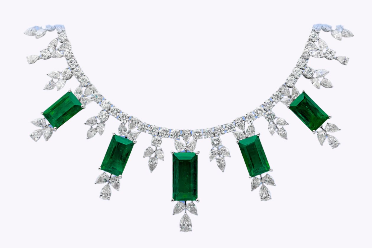 48.68 Carats Total Colombian Emerald Drop Necklace with Mixed Cut Diamonds in White Gold