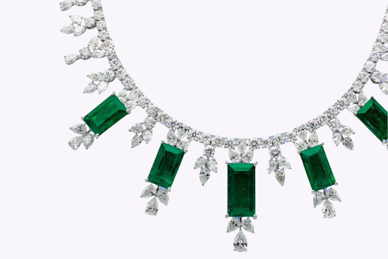 48.68 Carats Total Colombian Emerald Drop Necklace with Mixed Cut Diamonds in White Gold