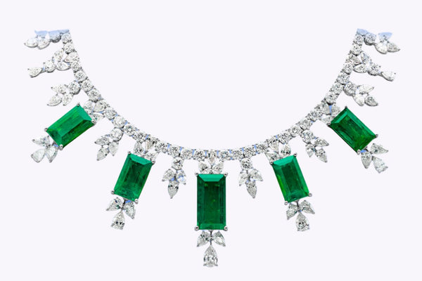 48.68 Carats Total Colombian Emerald Drop Necklace with Mixed Cut Diamonds in White Gold