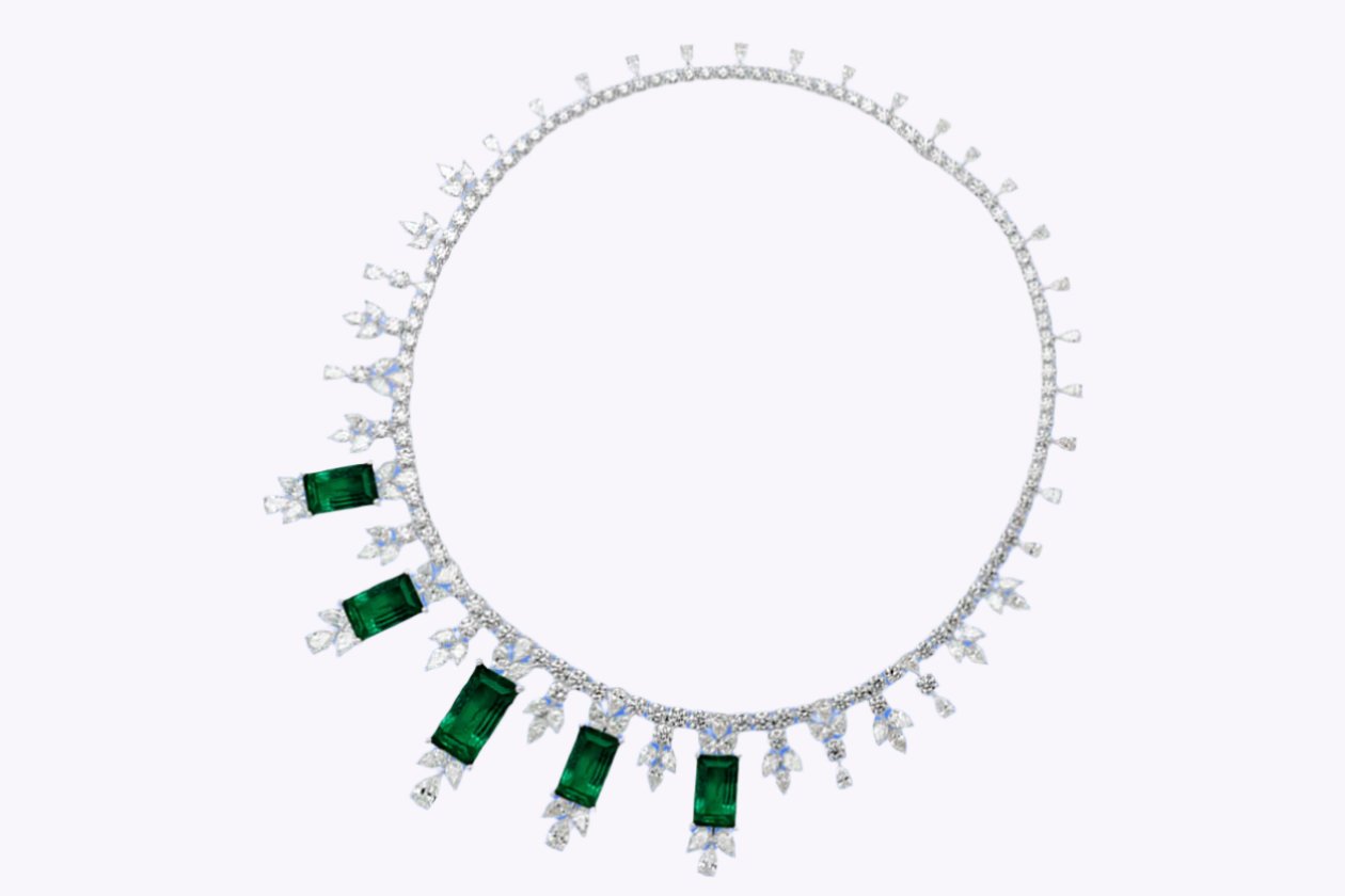 48.68 Carats Total Colombian Emerald Drop Necklace with Mixed Cut Diamonds in White Gold