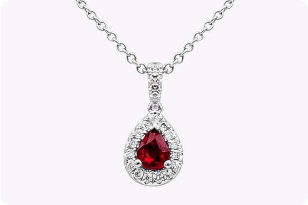 0.35 Carat Pear Shape Ruby & Diamond Halo Pendant Necklace in White Gold