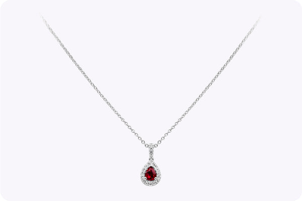 0.35 Carat Pear Shape Ruby & Diamond Halo Pendant Necklace in White Gold