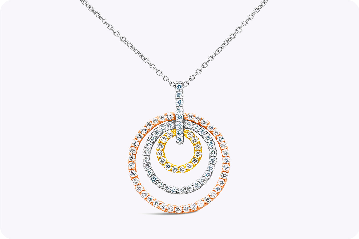 0.77 Carat Total Round Cut Diamond Triple Loop Pendant Necklace in Tri-Color Gold