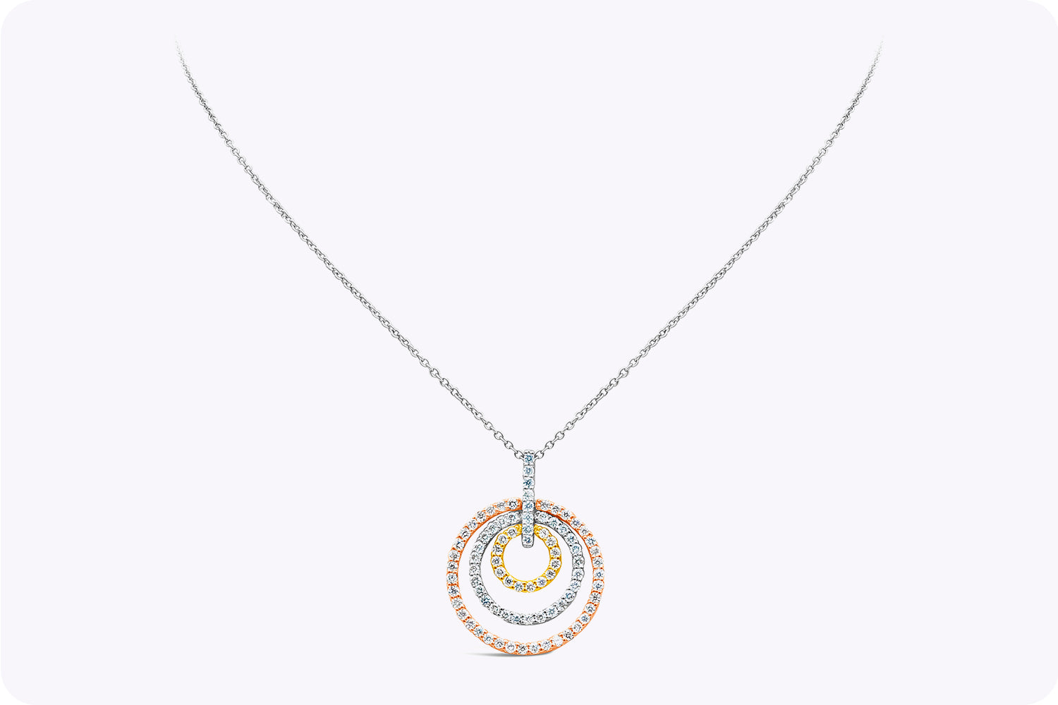 0.77 Carat Total Round Cut Diamond Triple Loop Pendant Necklace in Tri-Color Gold