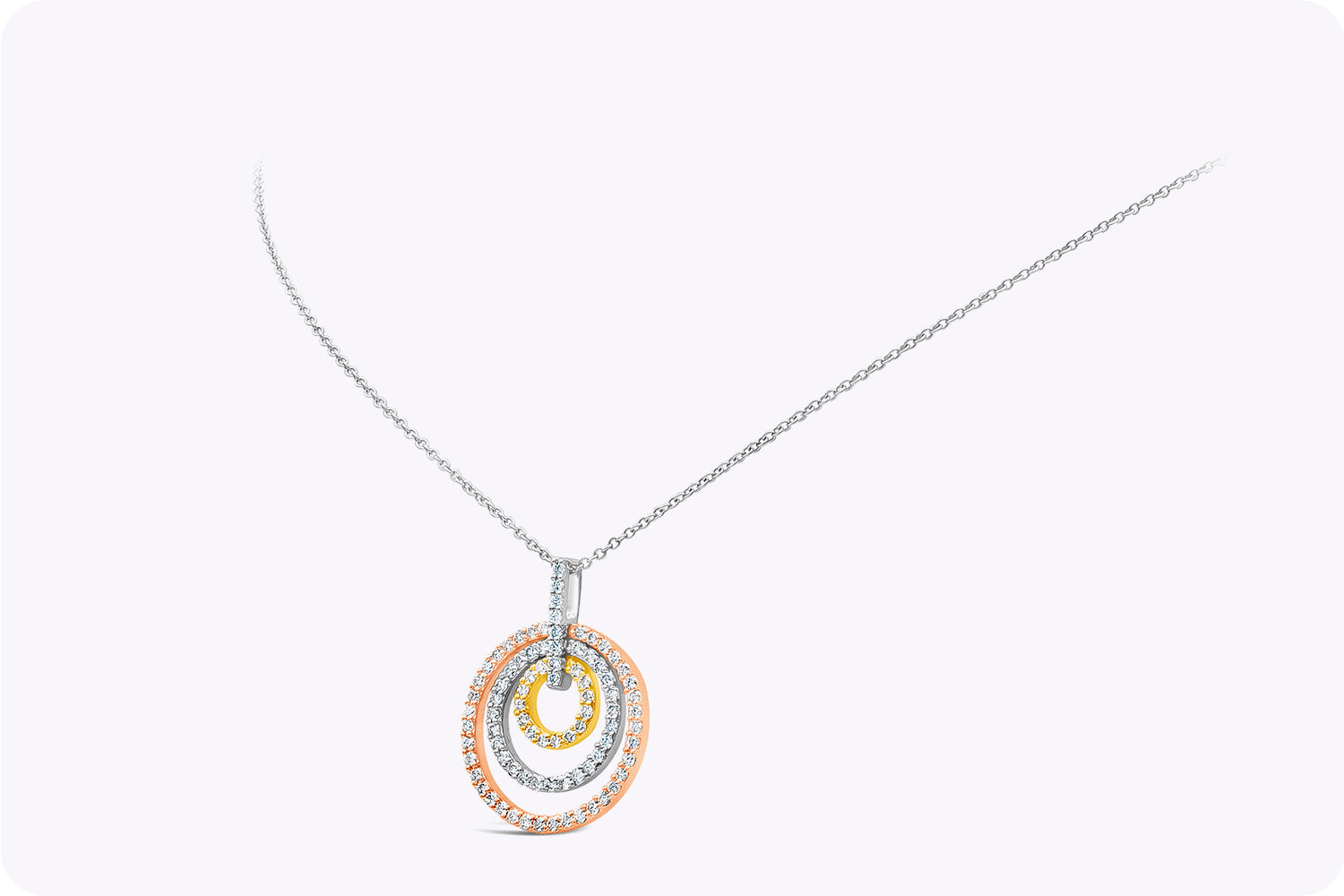 0.77 Carat Total Round Cut Diamond Triple Loop Pendant Necklace in Tri-Color Gold