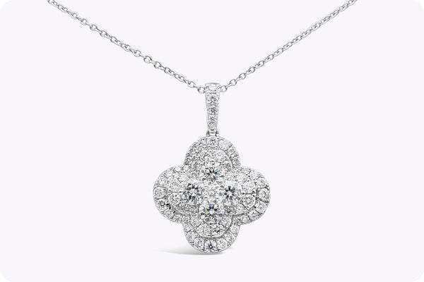 1.57 Carats Total Round Brilliant Cut Diamond Clover Pendant Necklace in White Gold