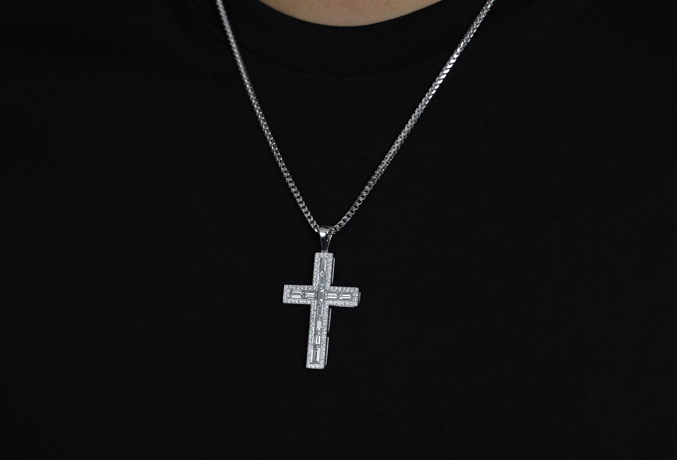 4.99 Carats Total Baguette & Round Cut Diamond Cross Pendant Necklace in White Gold