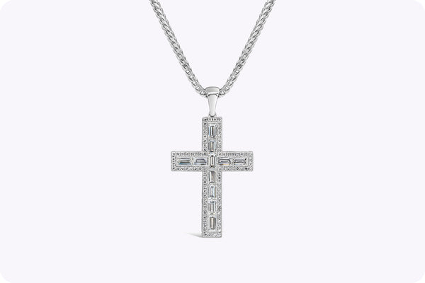 4.99 Carats Total Baguette & Round Cut Diamond Cross Pendant Necklace in White Gold