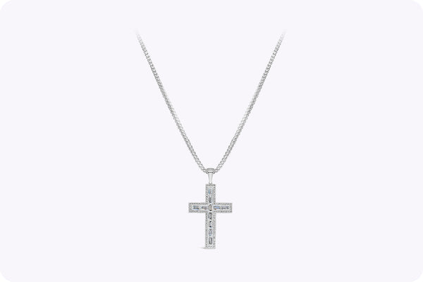 4.99 Carats Total Baguette & Round Cut Diamond Cross Pendant Necklace in White Gold