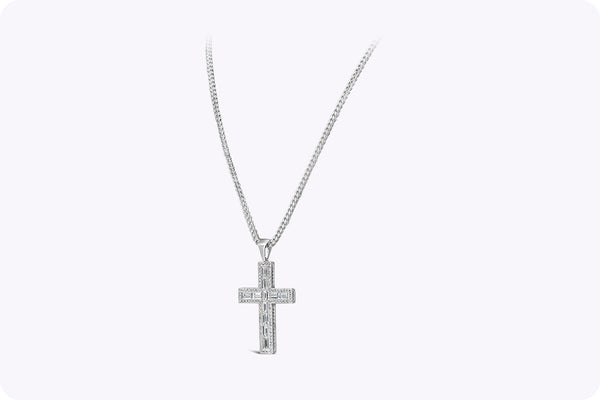 4.99 Carats Total Baguette & Round Cut Diamond Cross Pendant Necklace in White Gold