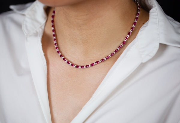 18.38 Carats Total Oval Cut Ruby & Diamond Tennis Necklace in White Gold