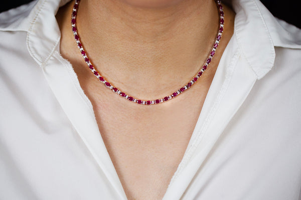 18.38 Carats Total Oval Cut Ruby & Diamond Tennis Necklace in White Gold