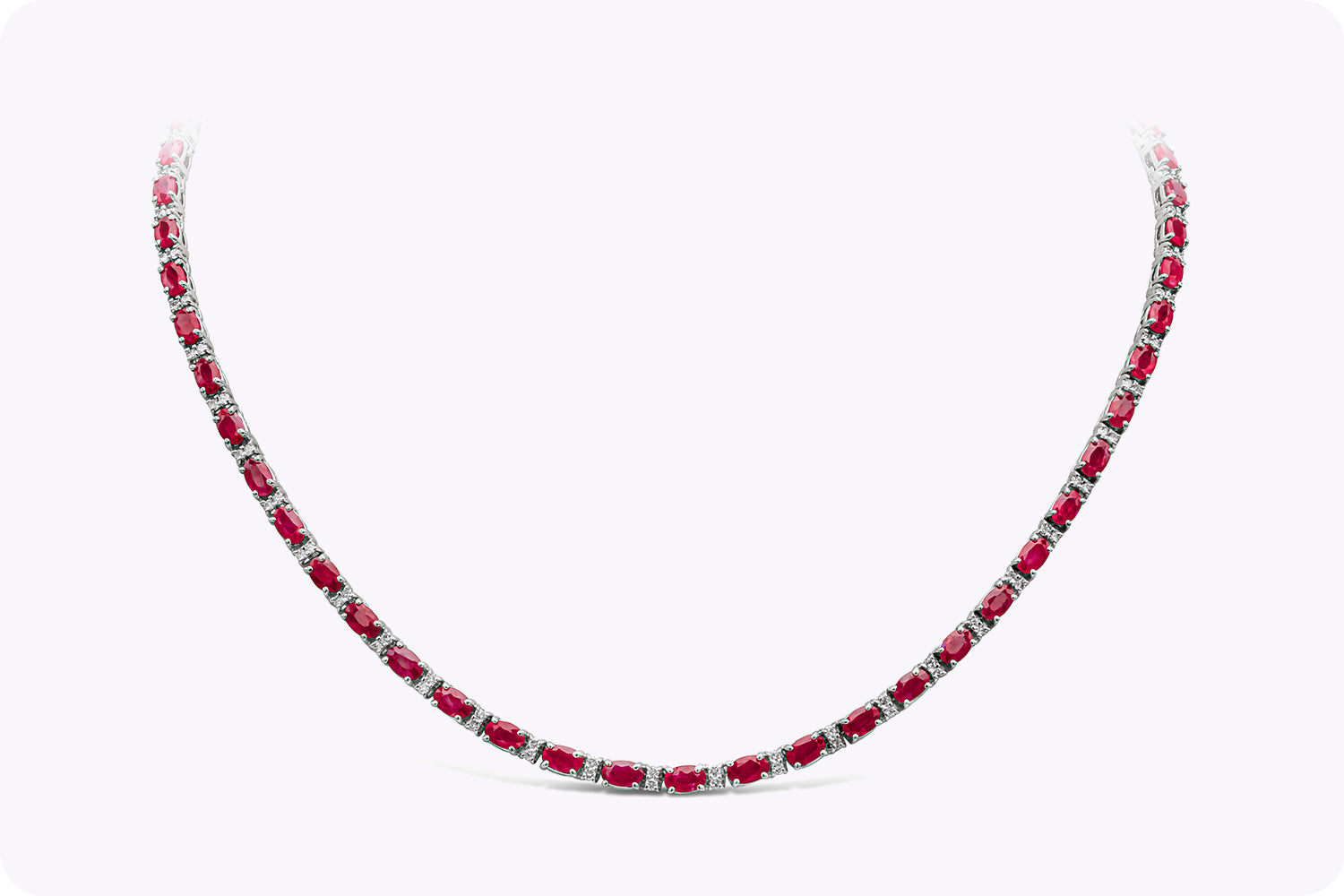 18.38 Carats Total Oval Cut Ruby & Diamond Tennis Necklace in White Gold