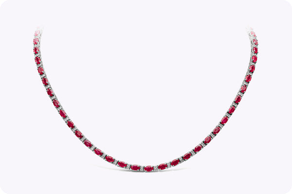 18.38 Carats Total Oval Cut Ruby & Diamond Tennis Necklace in White Gold