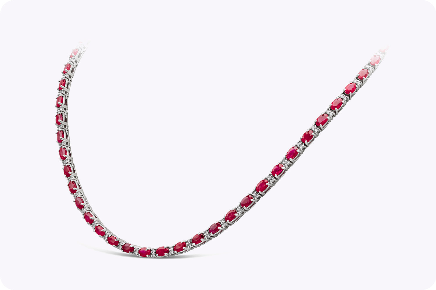 18.38 Carats Total Oval Cut Ruby & Diamond Tennis Necklace in White Gold