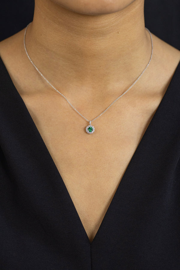 Round Cut Emerald & Diamond Halo Pendant Necklace 