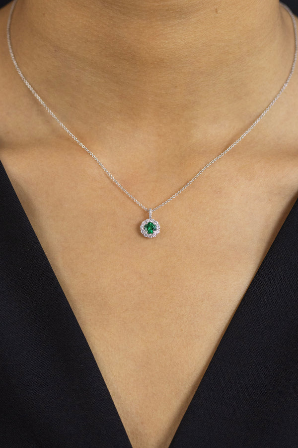 Round Cut Emerald & Diamond Halo Pendant Necklace in White Gold