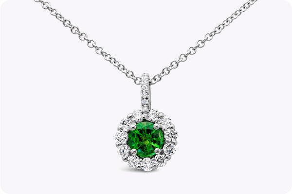 0.33 Carat Round Cut Emerald & Diamond Halo Pendant Necklace in White Gold