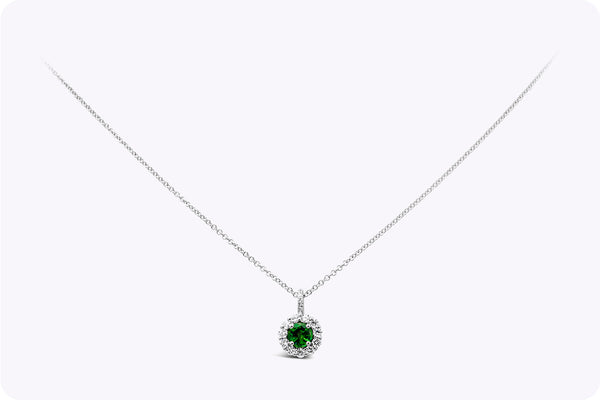 0.33 Carat Round Cut Emerald & Diamond Halo Pendant Necklace in White Gold