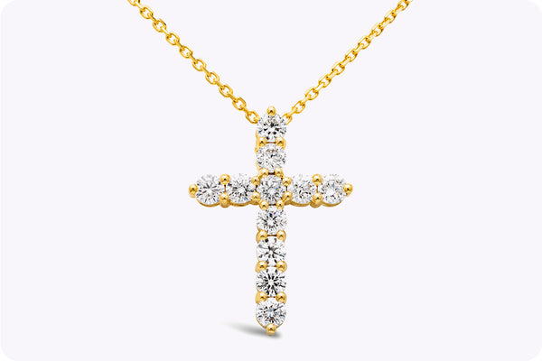 1.77 Carats Total Round Brilliant Cut Diamond Cross Pendant Necklace in Yellow Gold