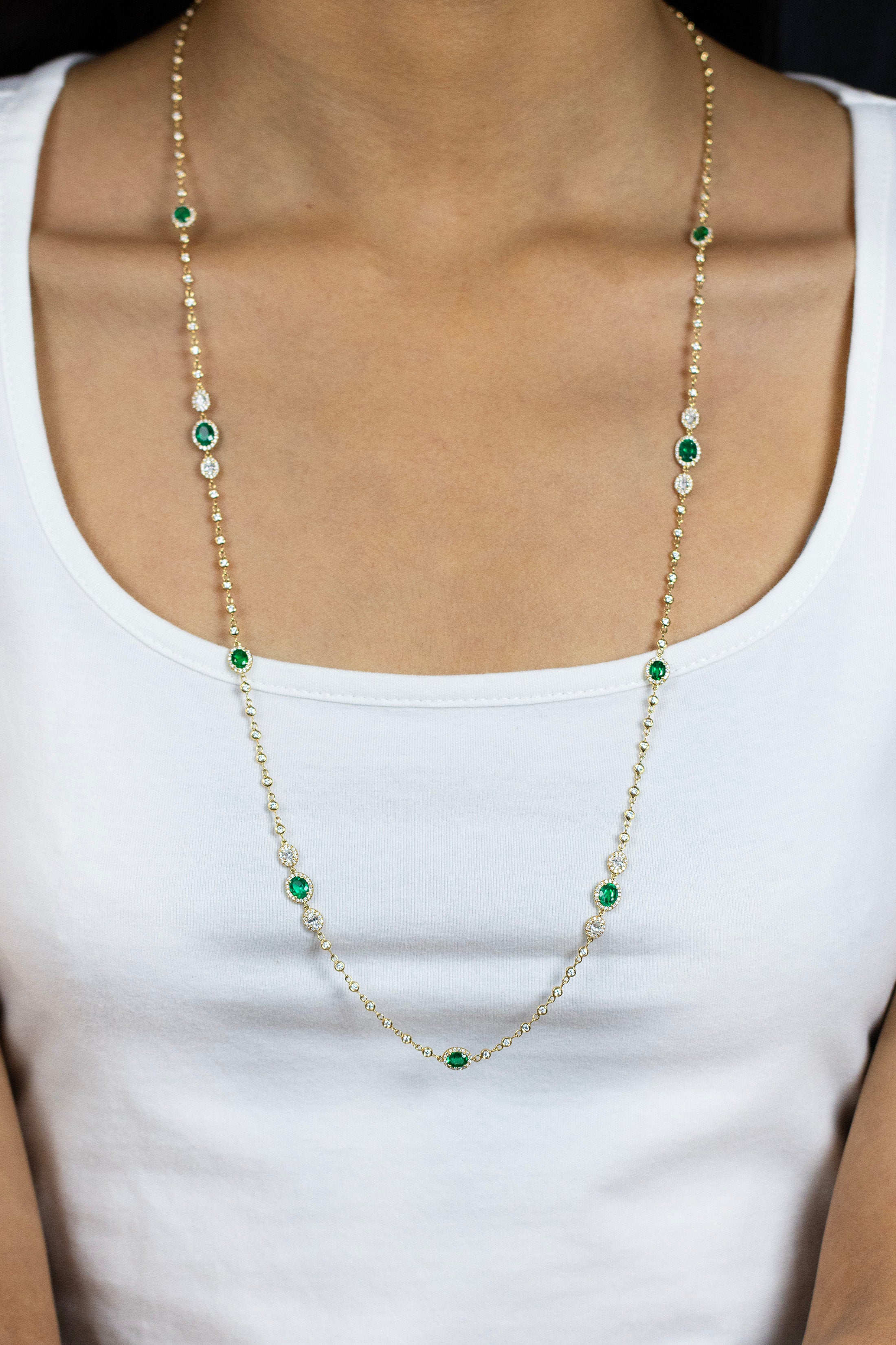 3.56 Carats Total Oval Cut Colombian Emerald & Diamond By the Yard Necklace in Yellow Gold