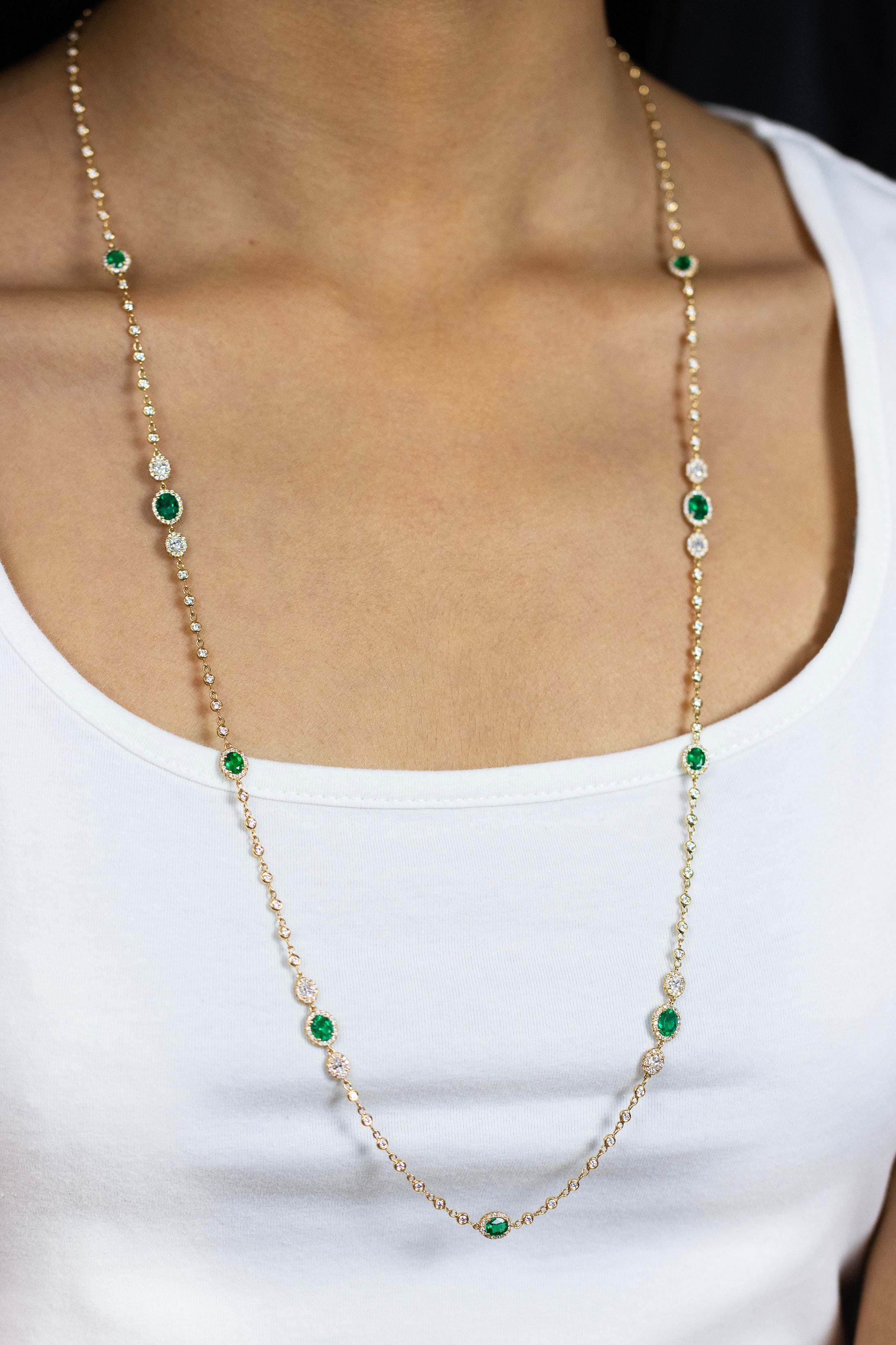 3.56 Carats Total Oval Cut Colombian Emerald & Diamond By the Yard Necklace in Yellow Gold