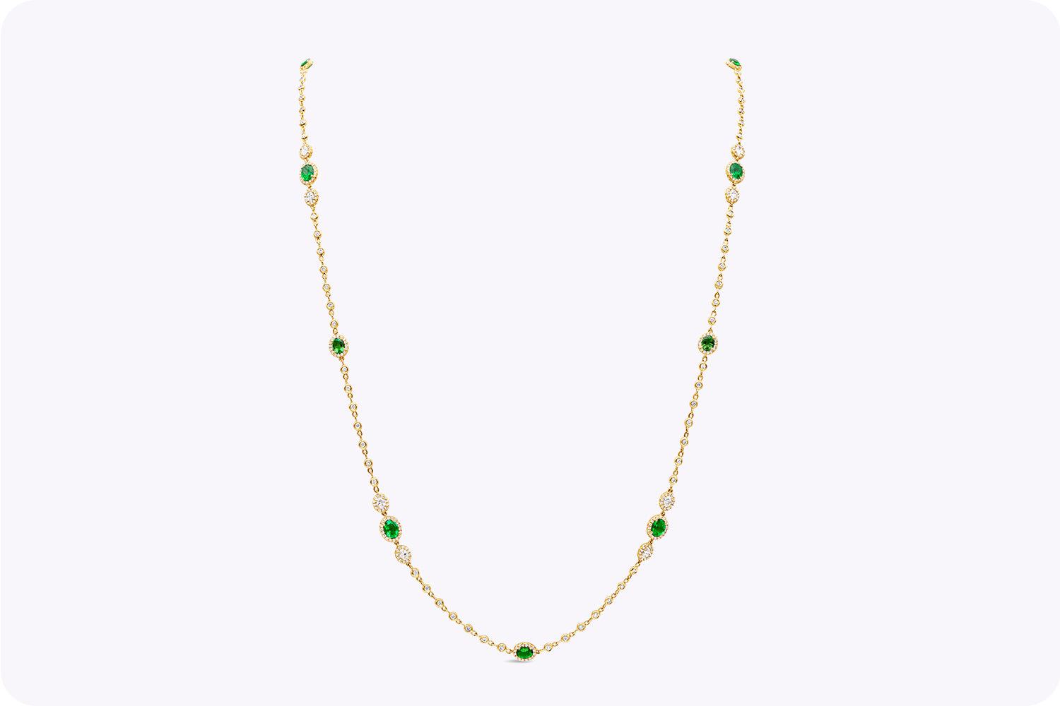 3.56 Carats Total Oval Cut Colombian Emerald & Diamond By the Yard Necklace in Yellow Gold