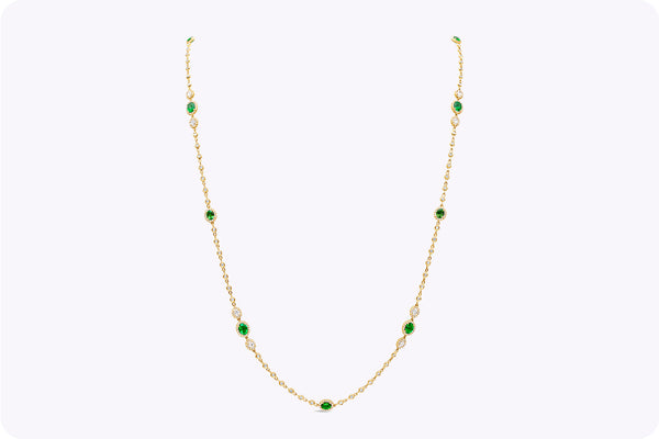 3.56 Carats Total Oval Cut Colombian Emerald & Diamond By the Yard Necklace in Yellow Gold