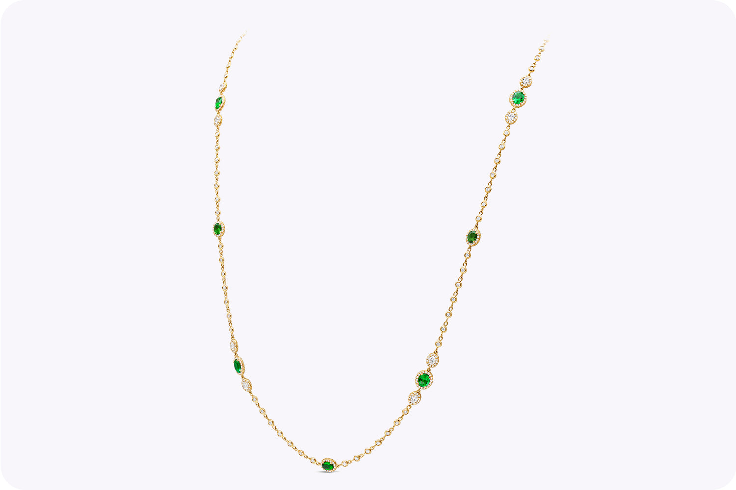 3.56 Carats Total Oval Cut Colombian Emerald & Diamond By the Yard Necklace in Yellow Gold