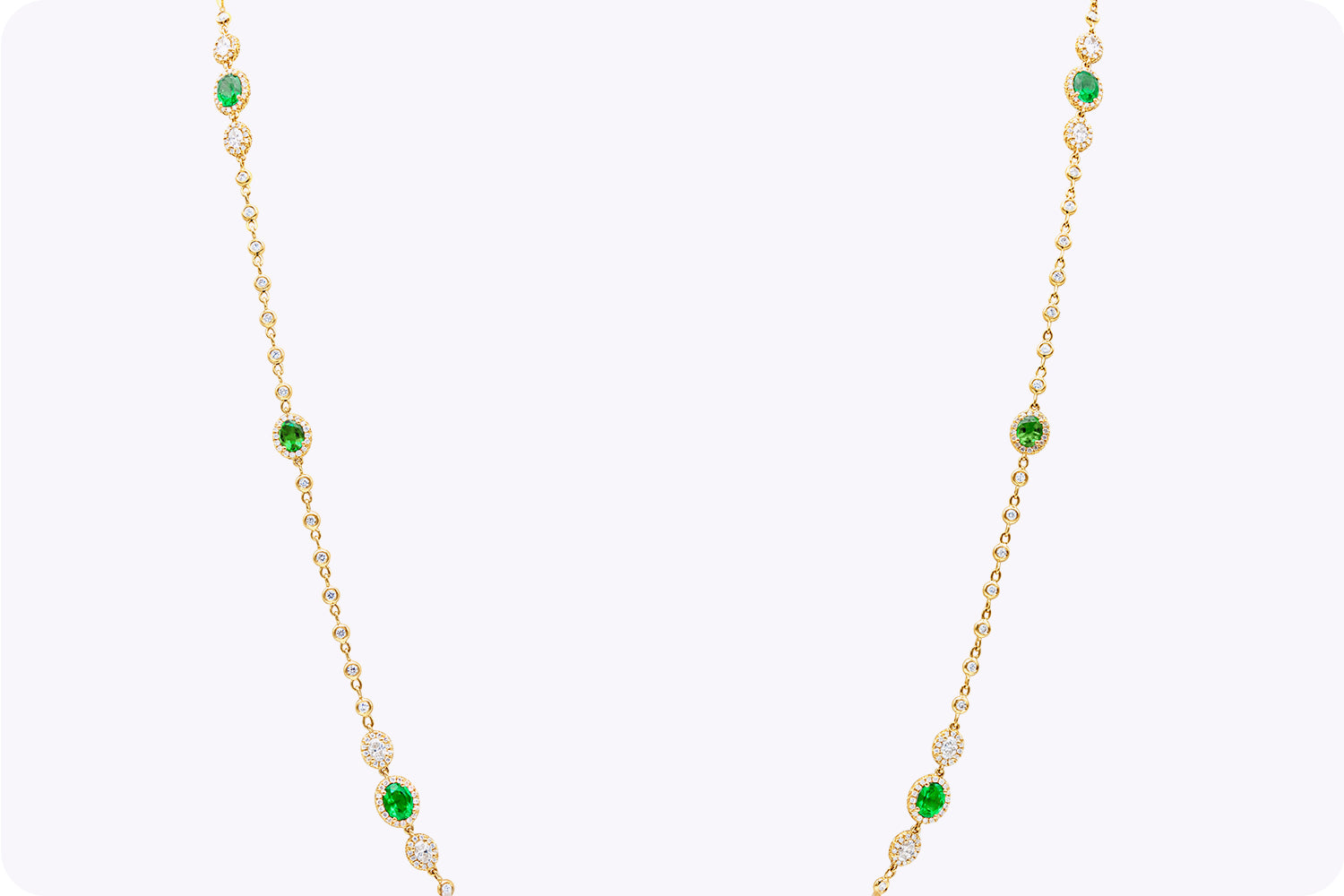 3.56 Carats Total Oval Cut Colombian Emerald & Diamond By the Yard Necklace in Yellow Gold