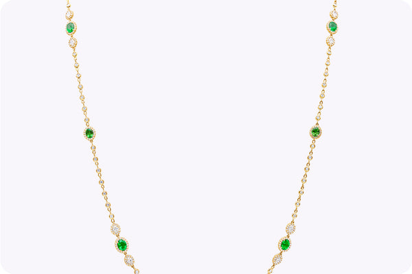 3.56 Carats Total Oval Cut Colombian Emerald & Diamond By the Yard Necklace in Yellow Gold