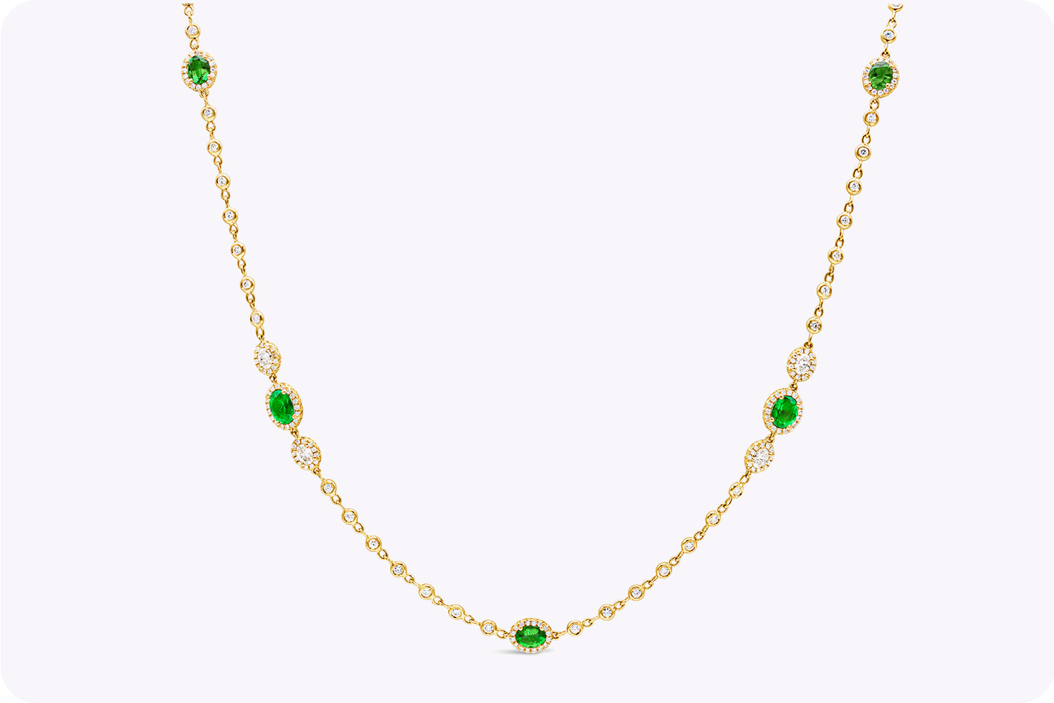 3.56 Carats Total Oval Cut Colombian Emerald & Diamond By the Yard Necklace in Yellow Gold