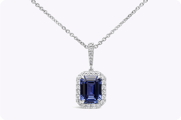 GIA Certified 2.59 Carat Emerald Cut Sapphire with Diamond Pendant Necklace in Platinum
