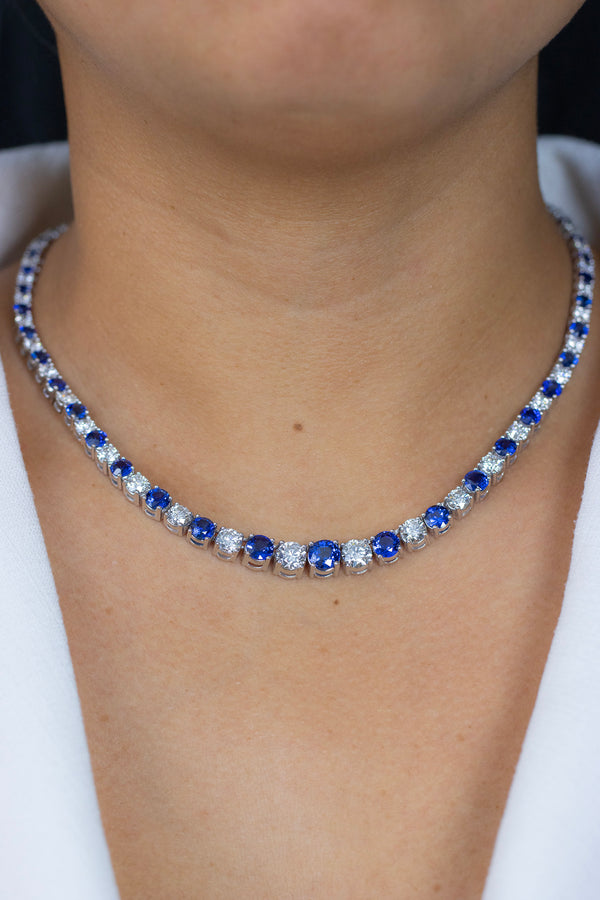 30.81 Carats Total Round Brilliant Cut Sapphire & Diamond Riviera Tennis Necklace in White Gold