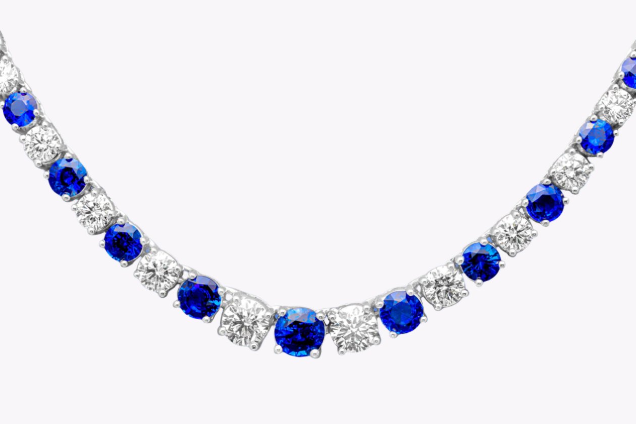 30.81 Carats Total Round Brilliant Cut Sapphire & Diamond Riviera Tennis Necklace in White Gold