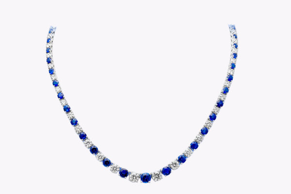 30.81 Carats Total Round Brilliant Cut Sapphire & Diamond Riviera Tennis Necklace in White Gold