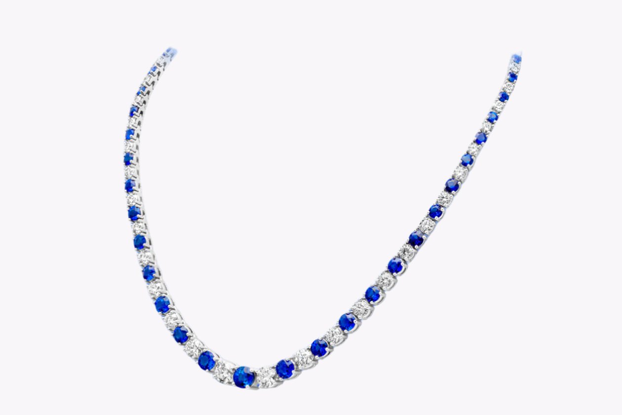 30.81 Carats Total Round Brilliant Cut Sapphire & Diamond Riviera Tennis Necklace in White Gold