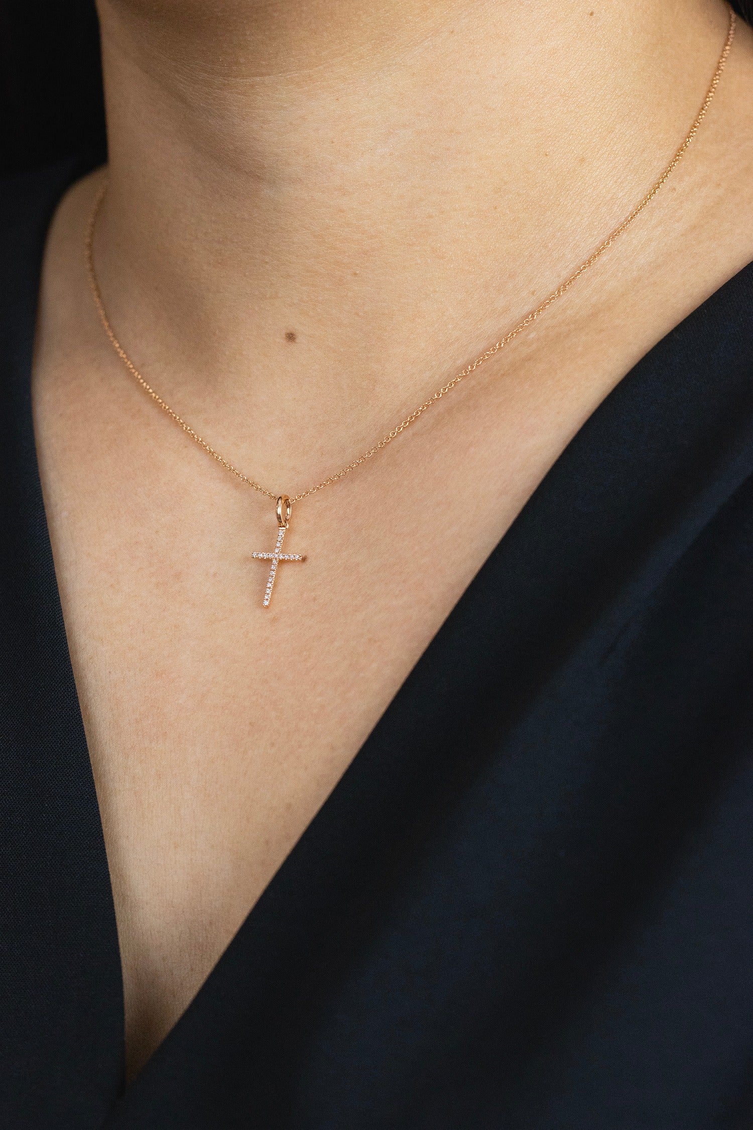 0.06 Carat Total Round Diamond Simple Cross Pendant Necklace in Rose Gold