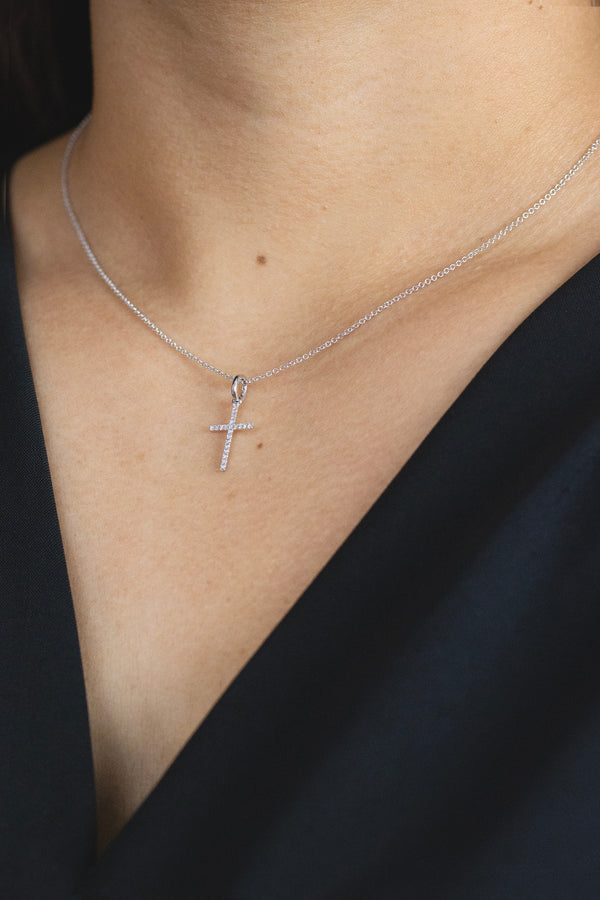 0.05 Carat Total Round Diamond Small Cross Pendant Necklace in White Gold