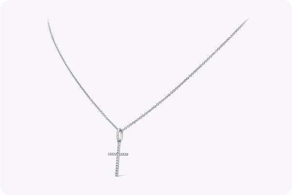 0.05 Carat Total Round Diamond Small Cross Pendant Necklace in White Gold