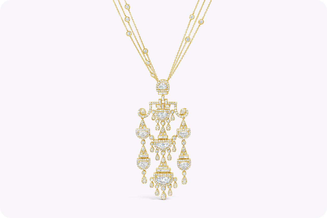 8.94 Carats Total Mixed-Cut Diamond Chandelier Pendant Necklace in Yellow Gold