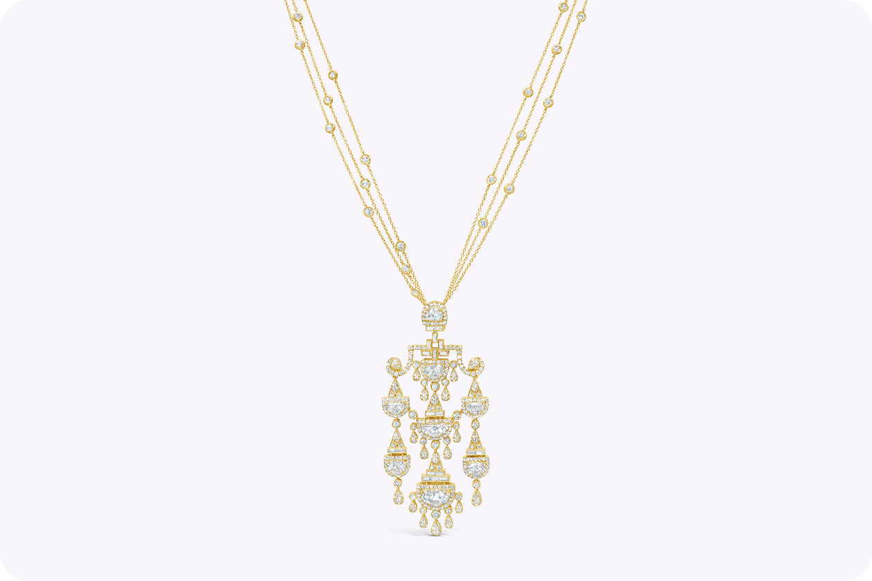 8.94 Carats Total Mixed-Cut Diamond Chandelier Pendant Necklace in Yellow Gold